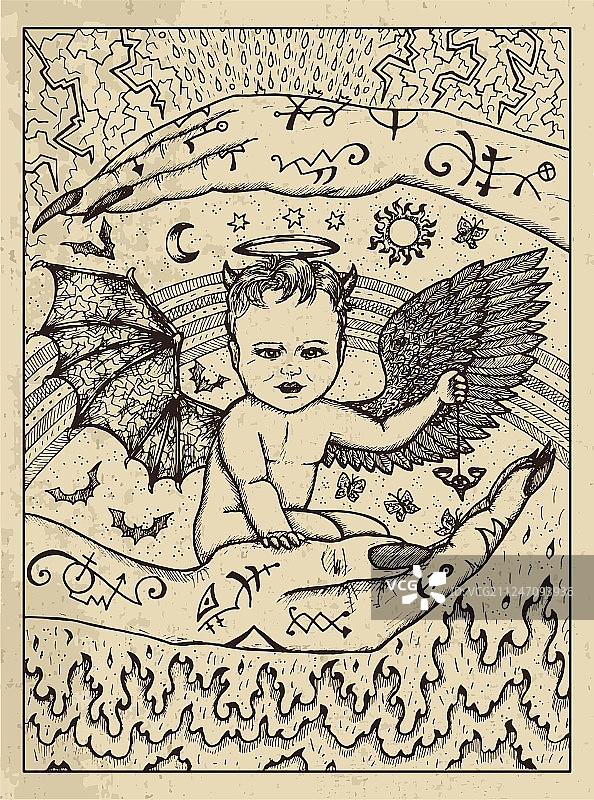 雷诺曼神谕的神秘恶魔儿童概念图片素材