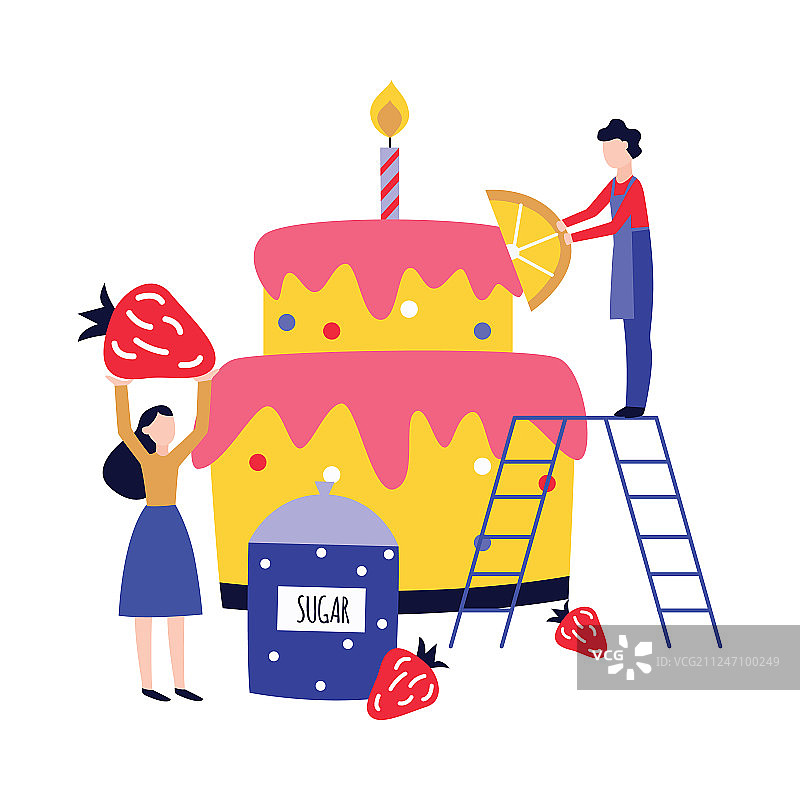人们烹饪和装饰巨型生日蛋糕图片素材