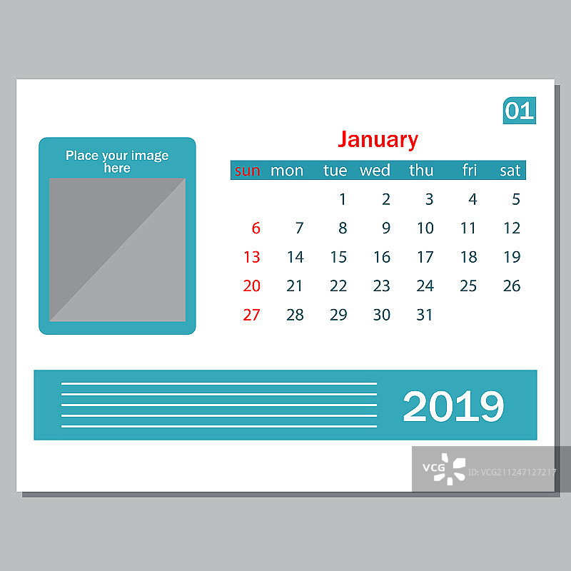2019年1月日历（周日为每周第一天）图片素材