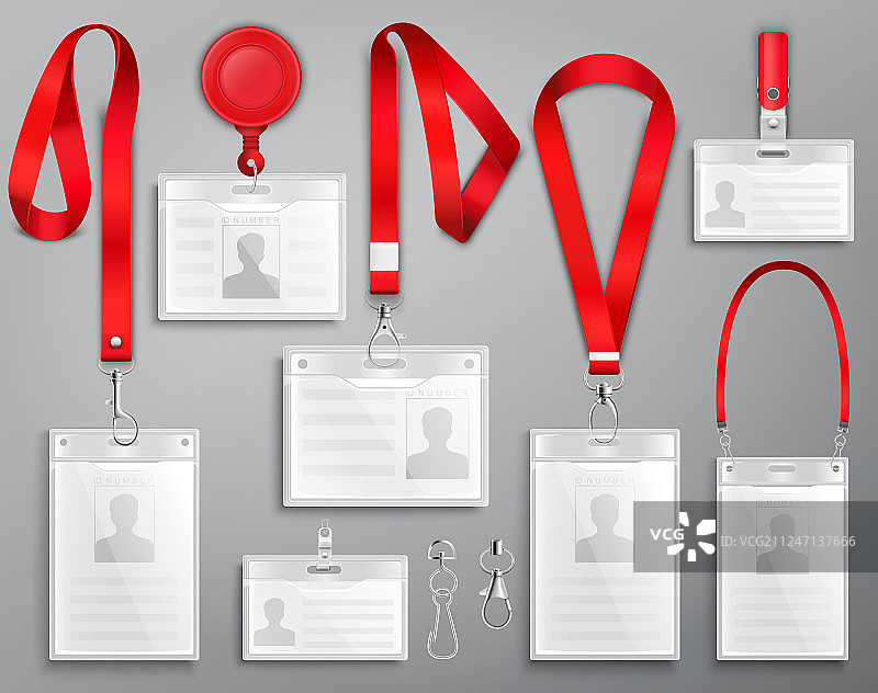 一组逼真的红色挂绳上的徽章身份卡图片素材