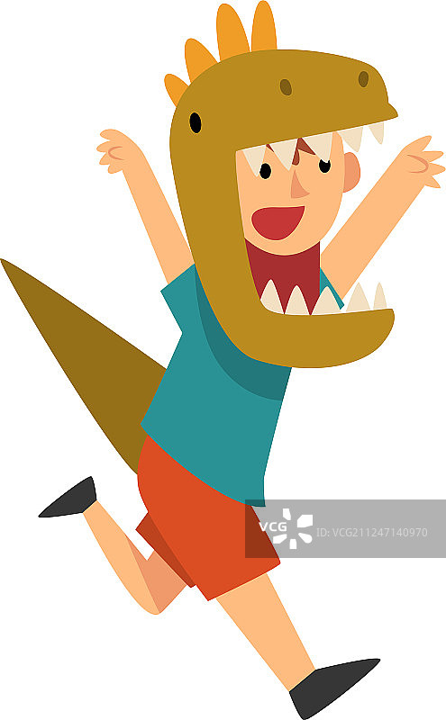 穿着恐龙服装奔跑的快乐男孩图片素材