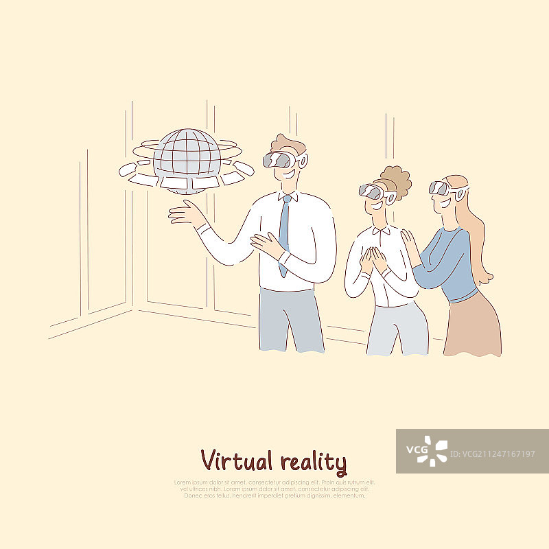 戴VR头显的快乐男人和兴奋的女孩图片素材