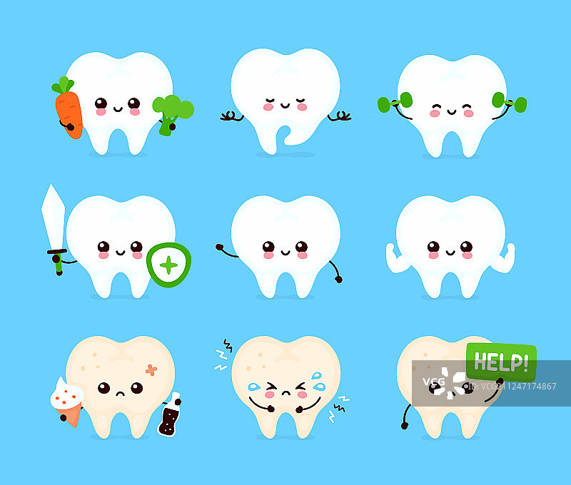可爱的人类牙齿，健康和不健康的器官图片素材