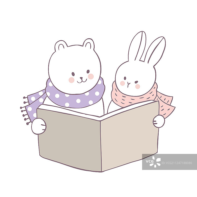 卡通可爱北极熊和兔子阅读书图片素材