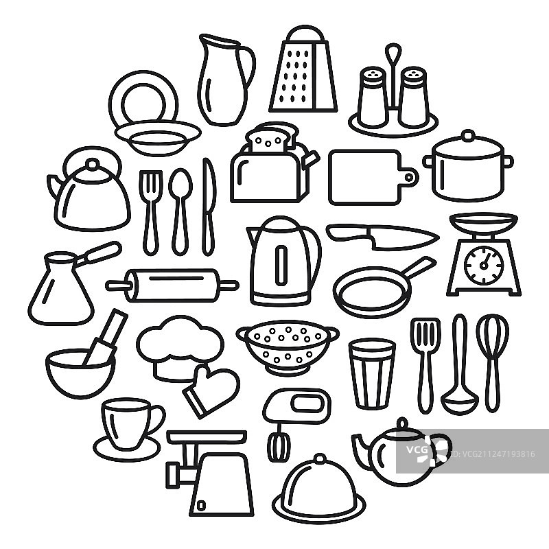 圆形厨房用具系列图标图片素材