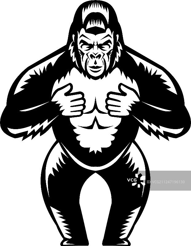 捶胸的银背大猩猩木刻图片素材