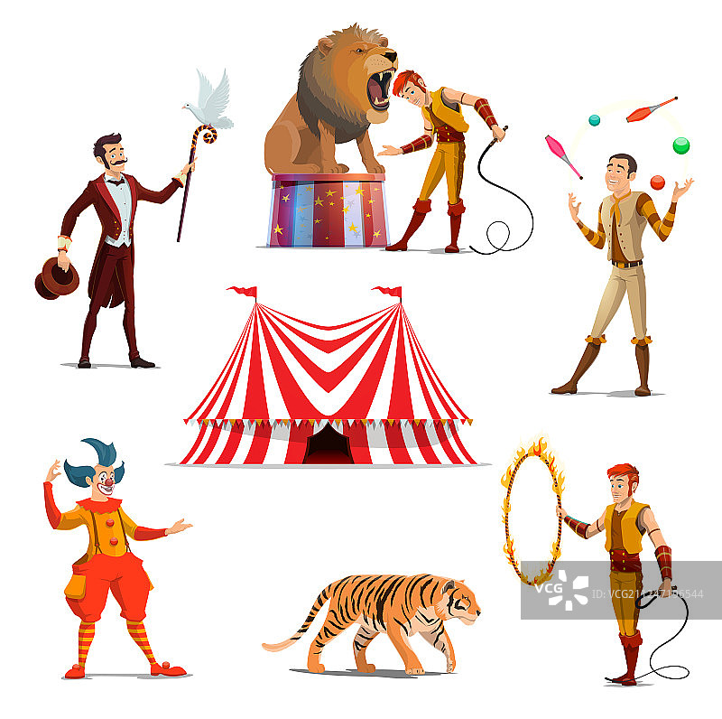 马戏团大帐篷：驯兽师，魔术师，小丑和杂耍图片素材