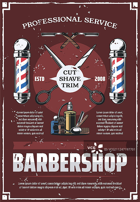 理发店柱子、剪刀、梳子、剃刀和古龙香水图片素材