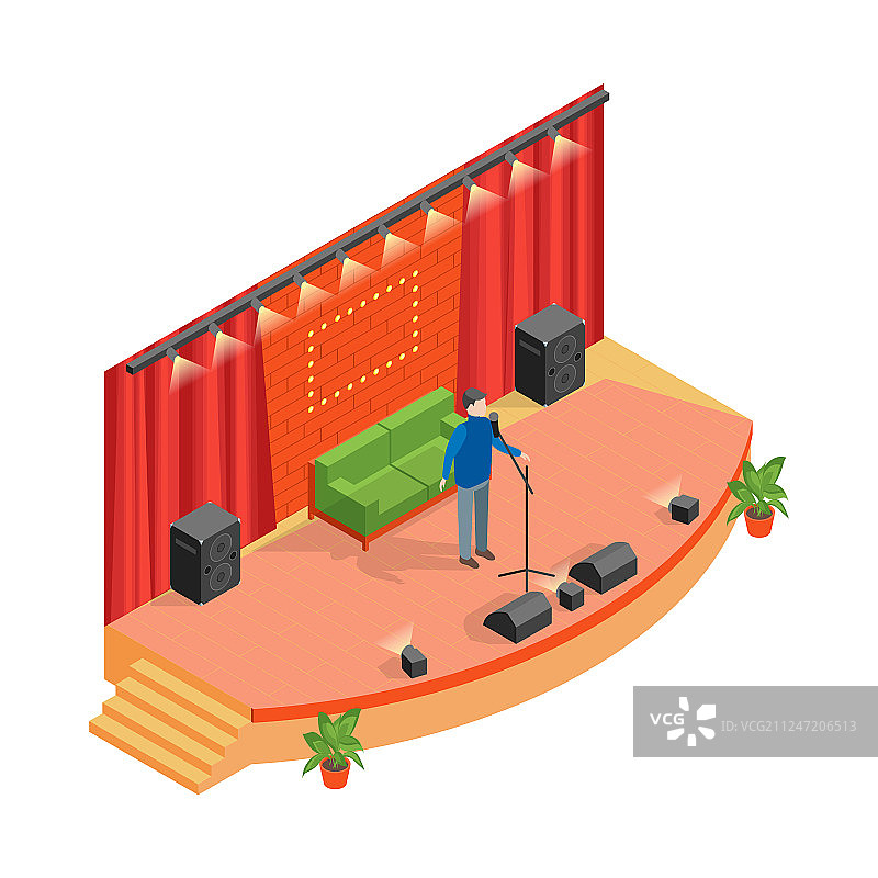 白色2.5D视角的单口相声表演场景图片素材