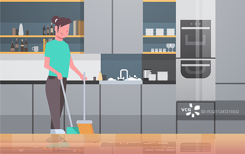 家庭主妇用扫帚和簸箕扫地图片素材
