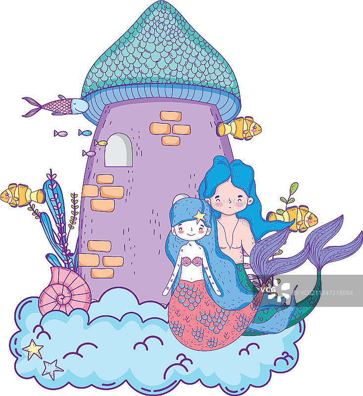 美人鱼情侣与海底城堡场景图片素材