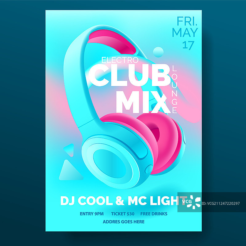带耳机和舞会传单的俱乐部海报图片素材