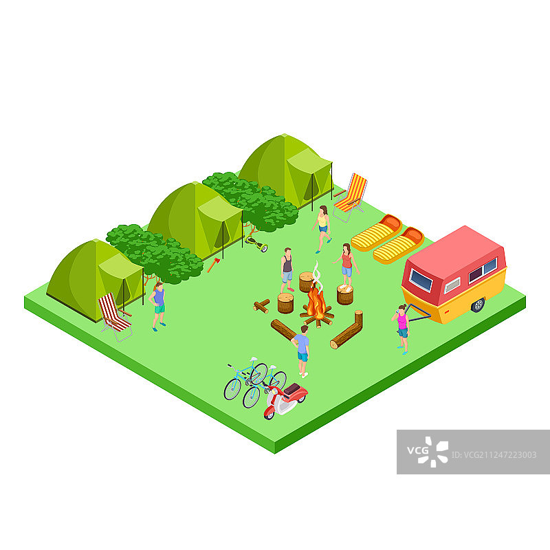 带有货车和帐篷的夏日露营2.5D图图片素材