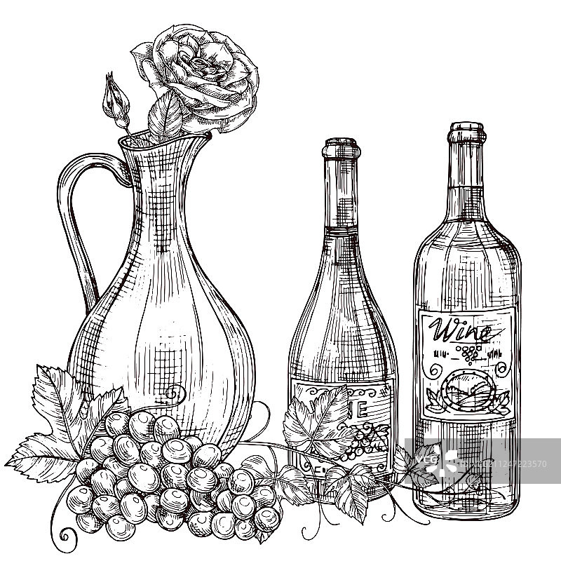 手绘醒酒器、玫瑰和葡萄酒瓶图片素材