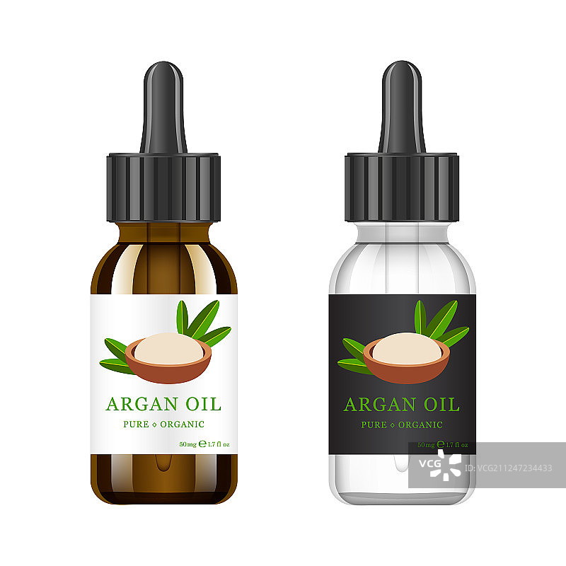 含有摩洛哥坚果油的逼真白色和棕色玻璃瓶图片素材