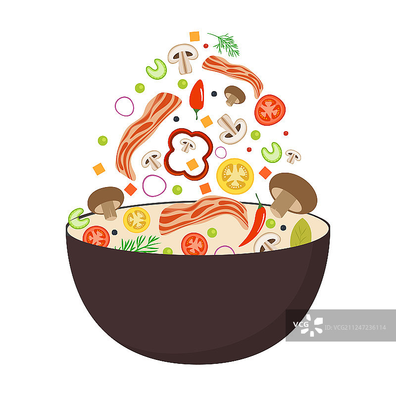 带番茄辣椒蘑菇的炒锅图片素材