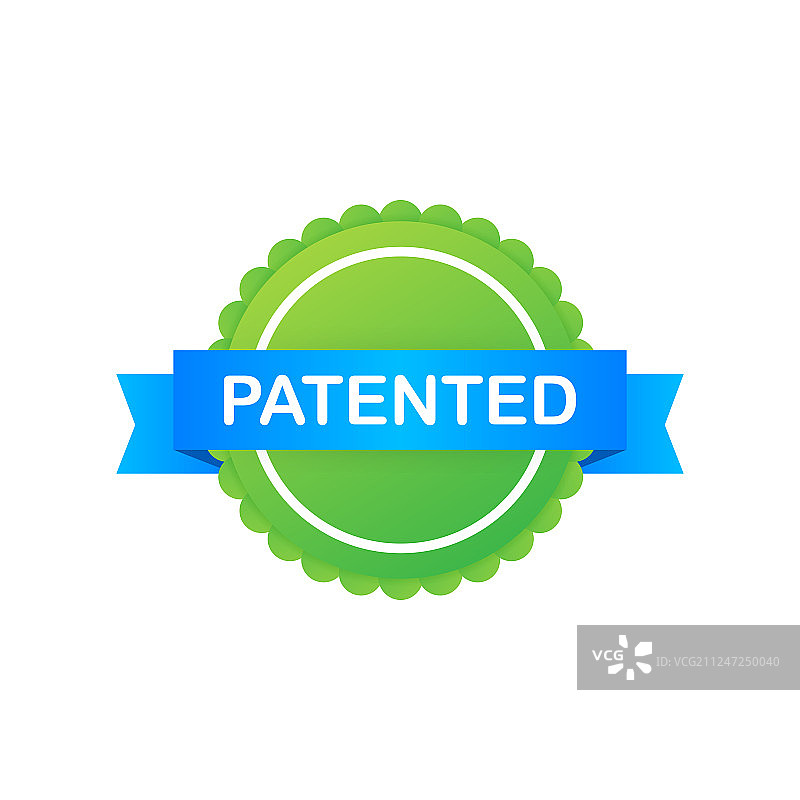 白色背景蓝色丝带上的绿色专利标签图片素材