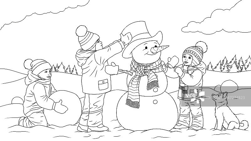 孩子们堆雪人图片素材