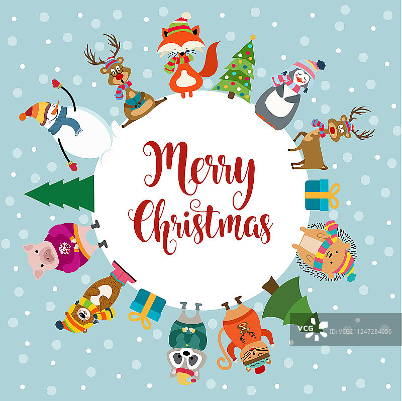 圣诞贺卡与可爱动物图片素材