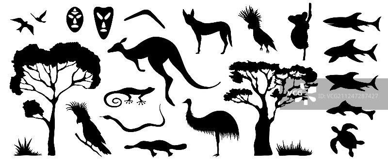澳大利亚动物和鸟类剪影合集图片素材