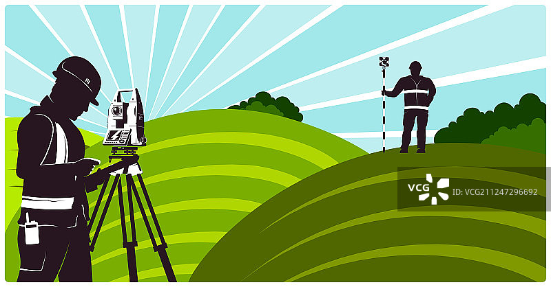 野外使用大地测量仪的测量员图片素材