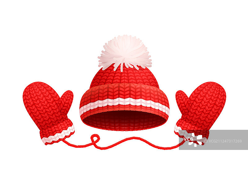 冬季保暖红色帽子白色绒球针织手套图片素材