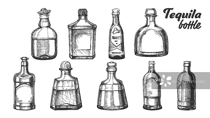 时尚的龙舌兰酒瓶套装图片素材