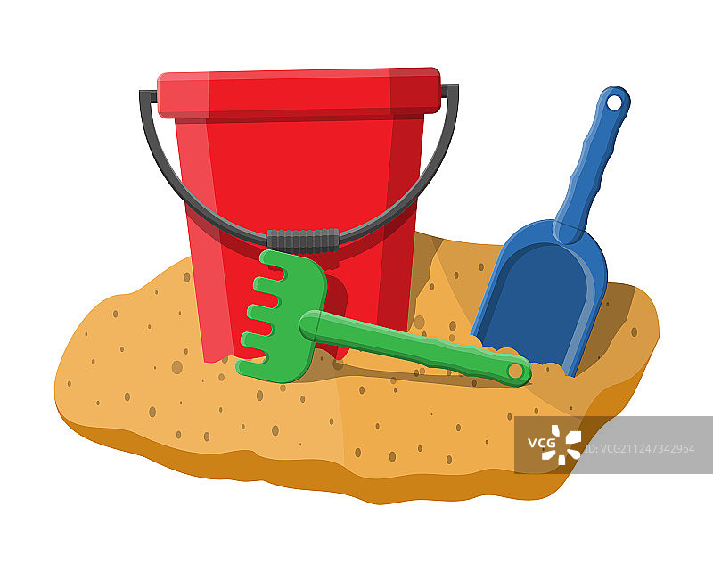 带耙子和铲子的塑料桶图片素材