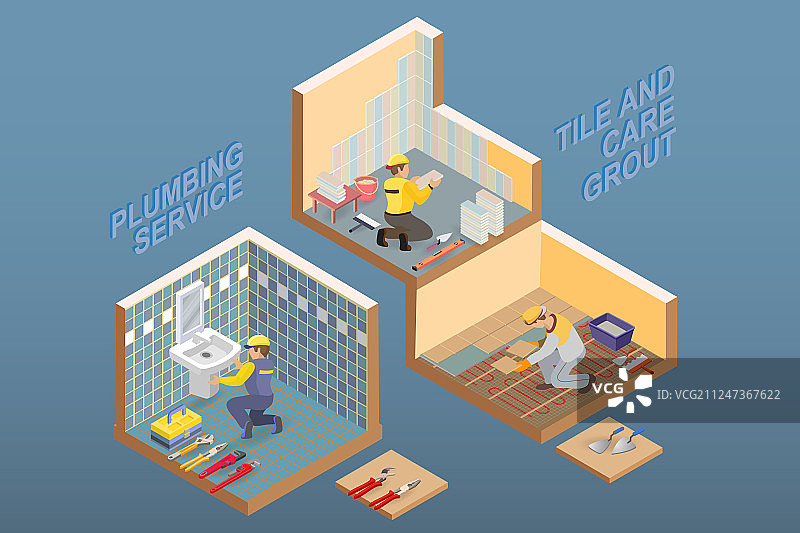 2.5D室内维修概念扁平3D图片素材