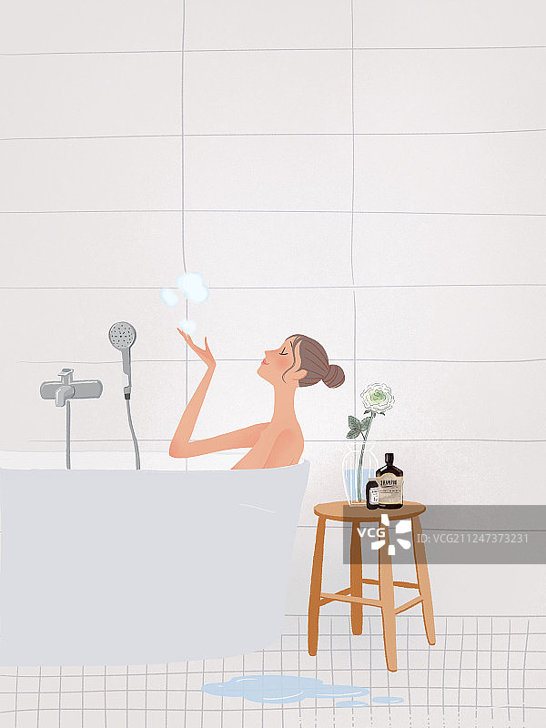 坐在浴缸中的女人插图图片素材