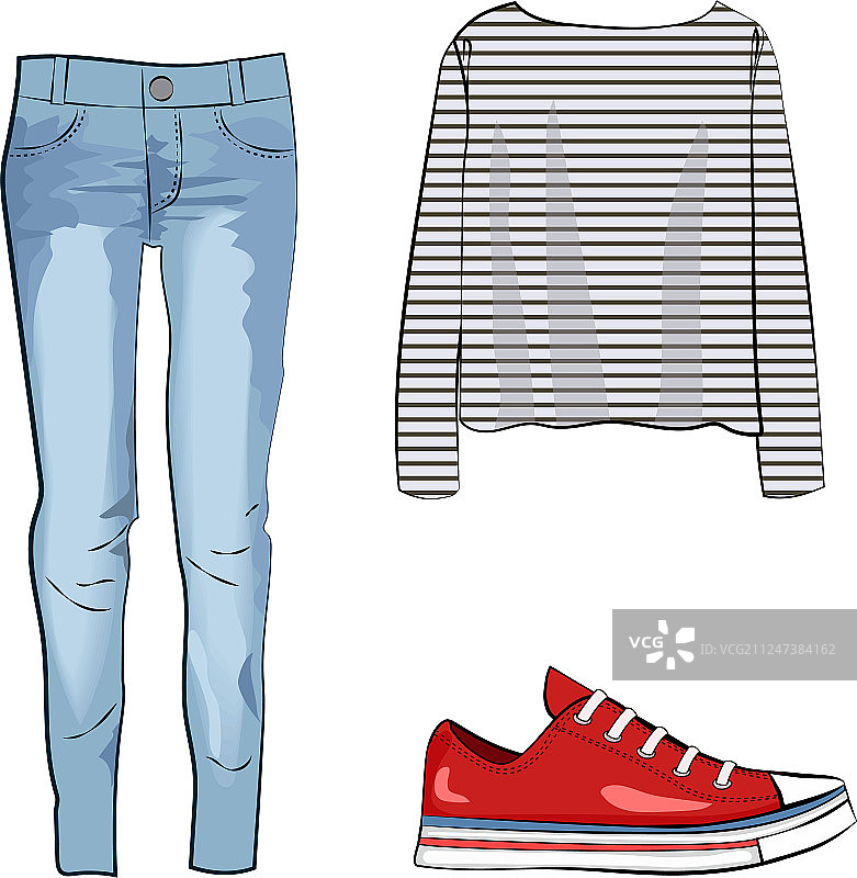 时尚套装：牛仔裤和条纹衬衫图片素材