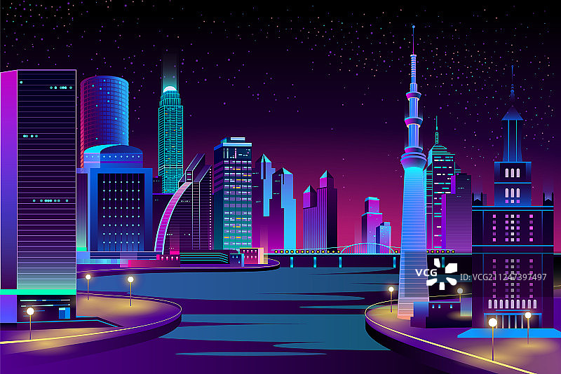 夜幕下的城市滨河风貌图片素材