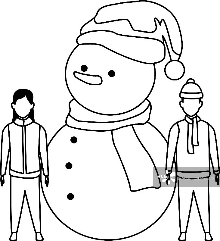 与雪人一起的儿童黑白照图片素材