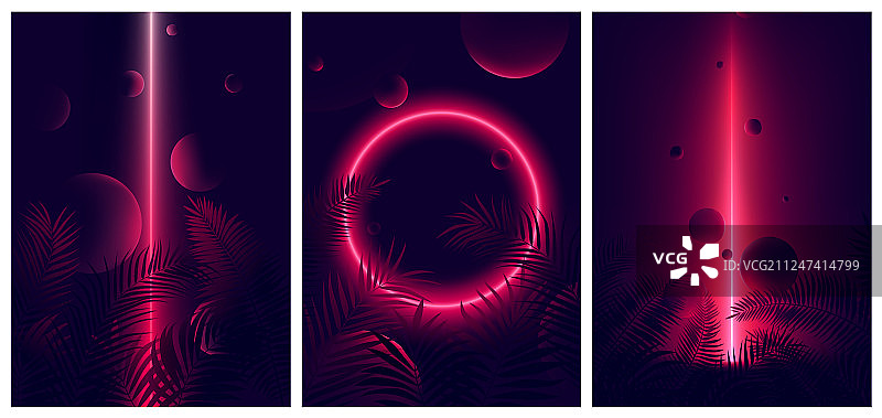 热带树叶上的红色霓虹反射光线图片素材