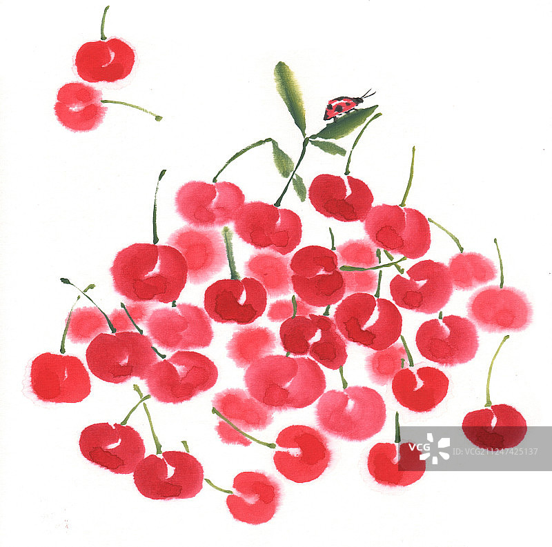 中国画水墨画美味的樱桃图片素材