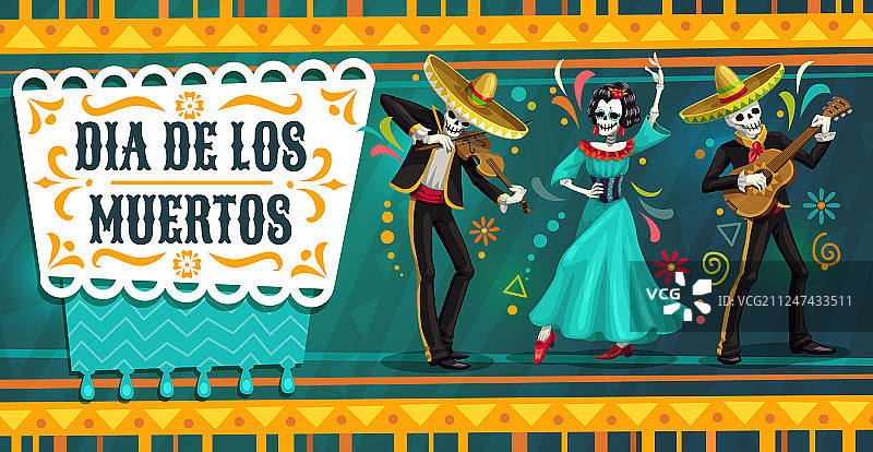 骷髅和卡特里娜在亡灵节派对上跳舞图片素材