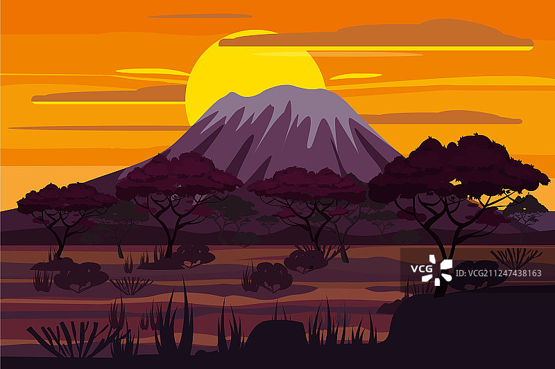 非洲日落景观：稀树草原的野外风光图片素材