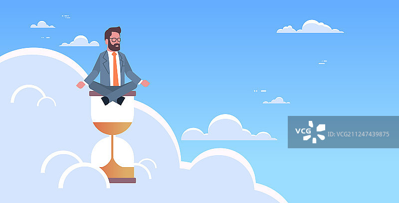 商人以莲花姿势坐在沙漏上图片素材