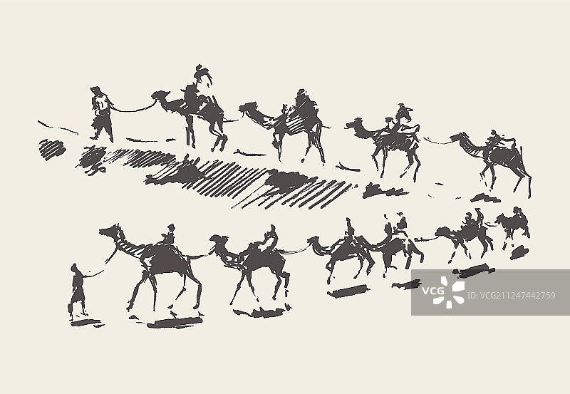 沙漠骆驼商队素描图片素材