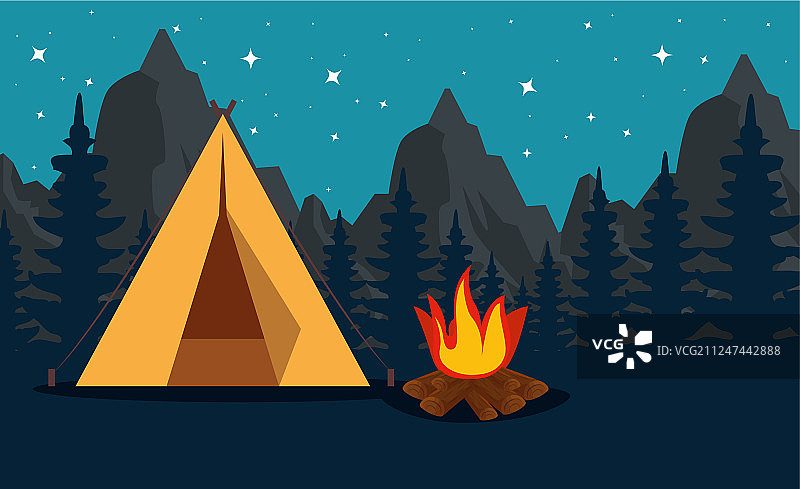 有山脉和营地与柴火的松树图片素材