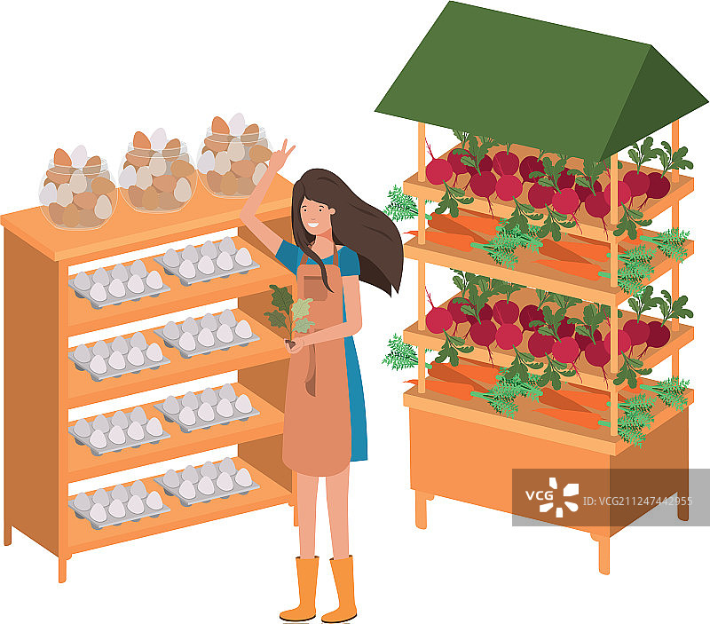 带售货亭的蔬菜销售员女人隔离图标图片素材