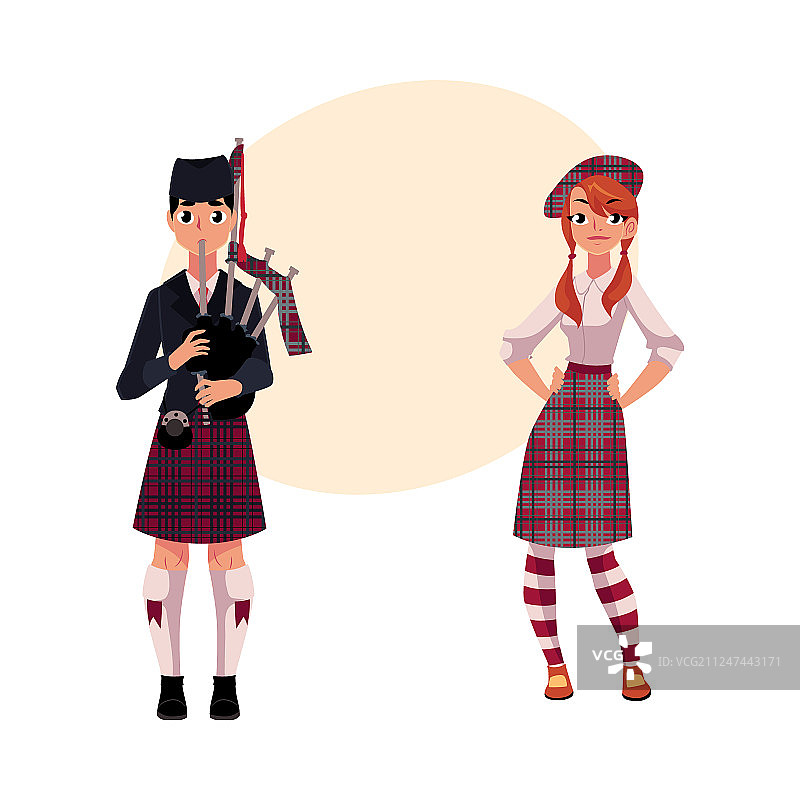 风笛手和穿着民族服装的苏格兰女孩图片素材