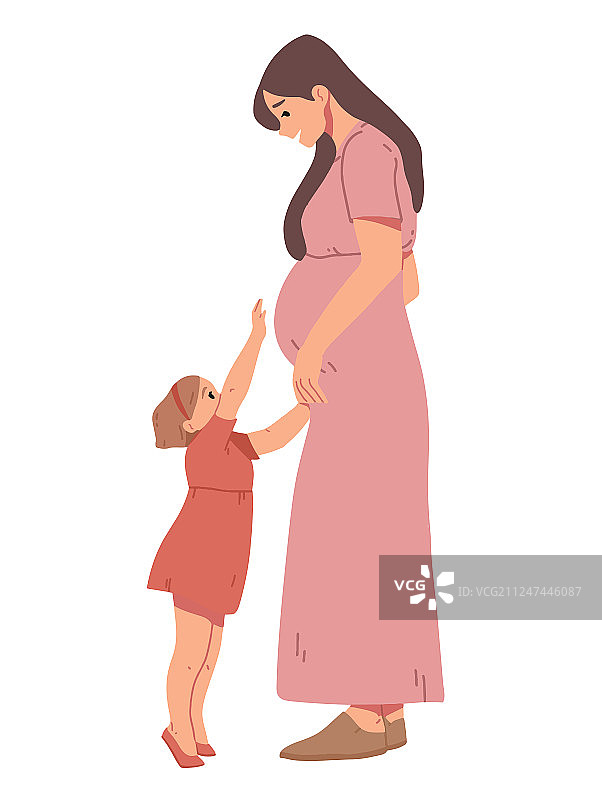 小女孩触摸她怀孕妈妈的肚子图片素材