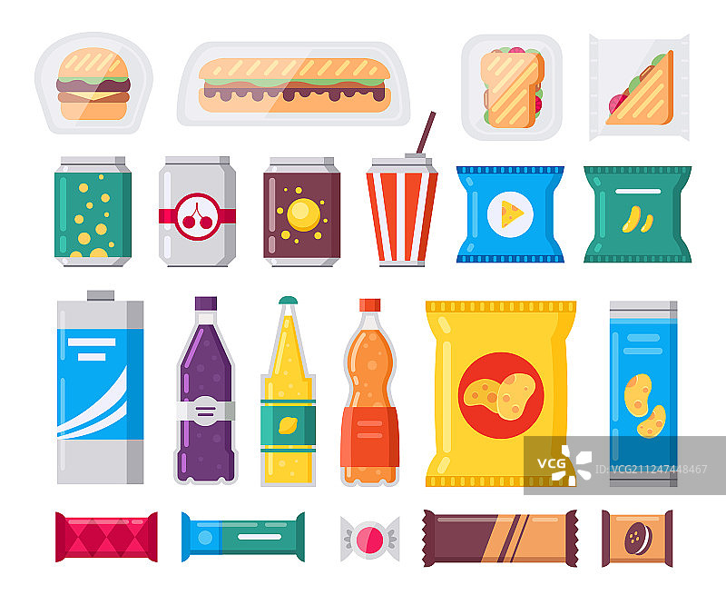 快餐小吃和饮料包装图标集图片素材