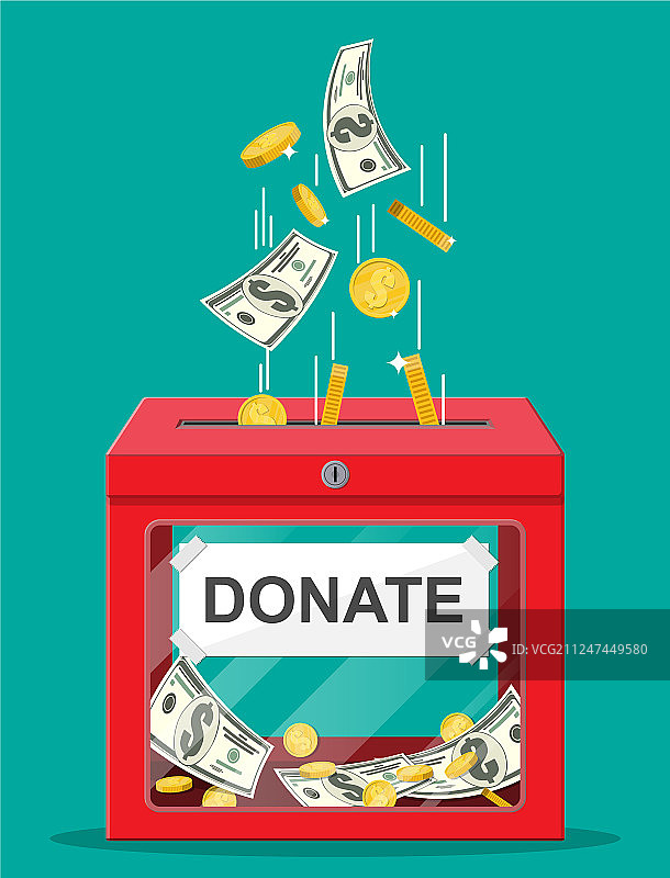 装满金币和美元钞票的捐款箱图片素材