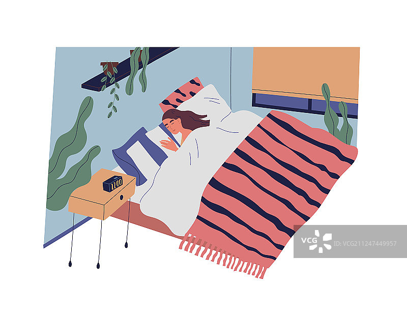 在卧室里睡觉的有趣女孩或女人图片素材