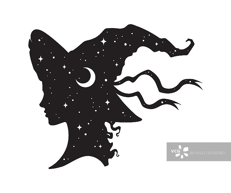 戴着尖帽的美丽女巫剪影图片素材