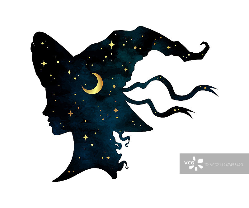 戴着尖帽的美丽女巫剪影图片素材