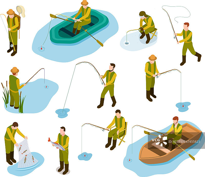 2.5D风格渔夫在河流池塘海上钓鱼图片素材