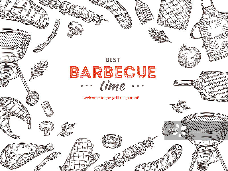 复古烧烤海报，涂鸦烤架烤鸡。图片素材